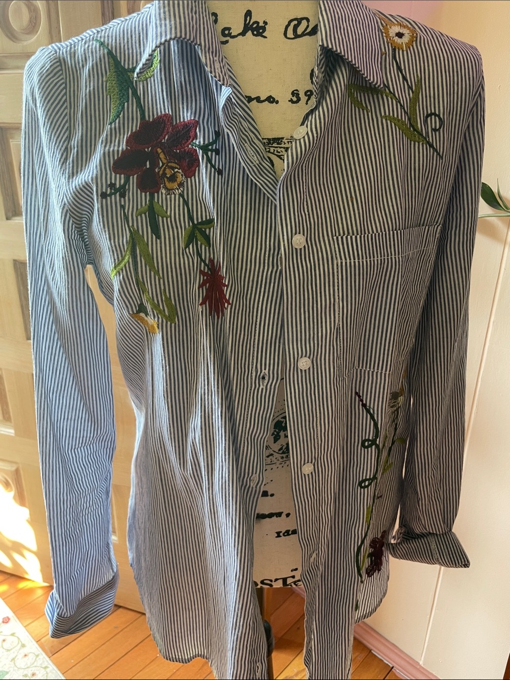 Charlotte Russe Blue and White Striped Embroidered Button-Down Shirt